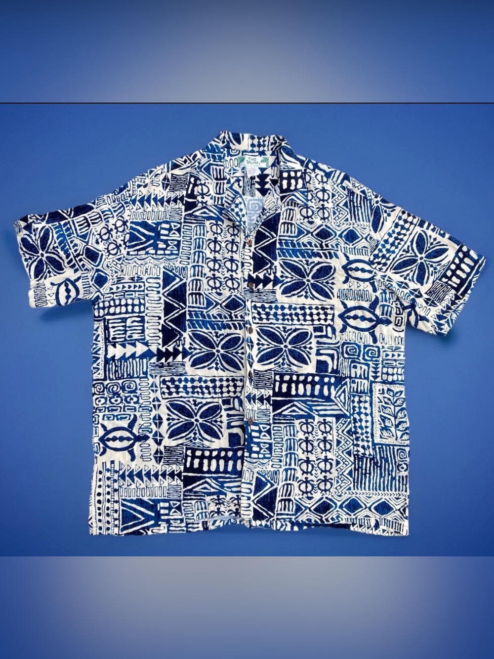 Vintage Two Palms Hawaiian Shirt XL Blue White Tropical Aloha Button-Up